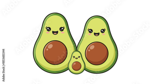 Cartoon Avocados with Funny Faces Together.