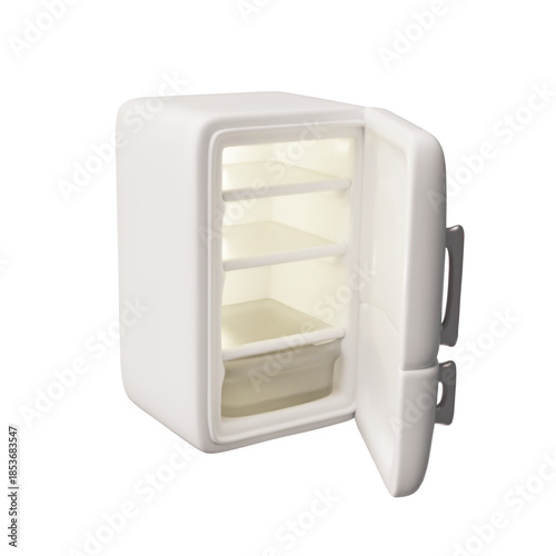 Fridge 3D cartoon vector icon, empty refrigerator household kitchen electric appliance, cold food storage with open door