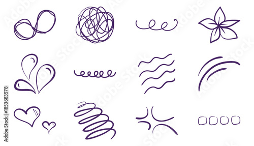 Collection of Purple Hand-Drawn Doodle Elements: Hearts, Swirls, Waves, and More