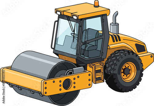 Yellow road roller on white background