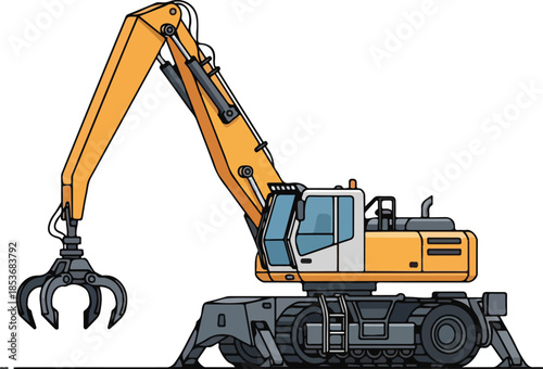 Yellow Excavator with Claw Attachment