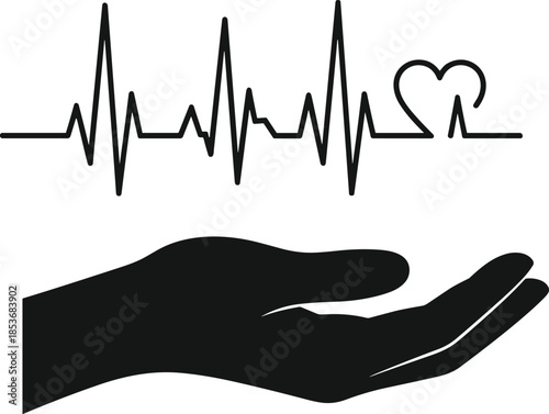 Black silhouette illustration of caring hand beneath heartbeat line and heart symbol representing healthcare support, love, protection, and life care concept