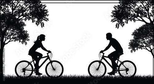 Black and white silhouette of man and woman cycling in nature park, healthy lifestyle outdoor recreation illustration background