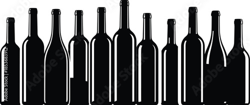 Black silhouette collection of wine bottles in different shapes, minimalist alcohol beverage illustration set isolated on white background
