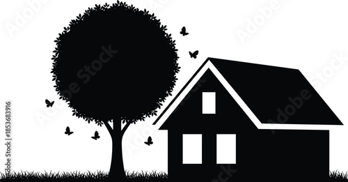 Black silhouette illustration of house with tree and butterflies symbolizing peaceful home, nature harmony, family comfort, and rural lifestyle concept