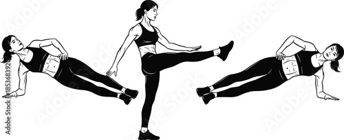 Black and white fitness illustration of athletic woman performing side plank leg raise and standing leg kick core workout sequence