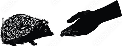 Black silhouette illustration of human hand reaching toward hedgehog symbolizing trust, kindness, compassion, wildlife protection, and gentle human animal connection concept