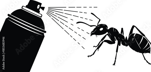 Black silhouette illustration of insect spray attacking ant symbolizing pest control, insecticide use, household safety, hygiene protection, and extermination concept