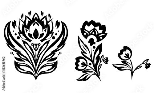 Elegant floral vector set with stylized folk flowers and leaves. Black ornamental elements in decorative flat style
