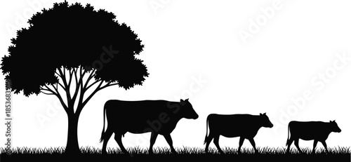 Black silhouette of cow family walking under tree, rural farm animal scene, nature landscape illustration isolated on white background