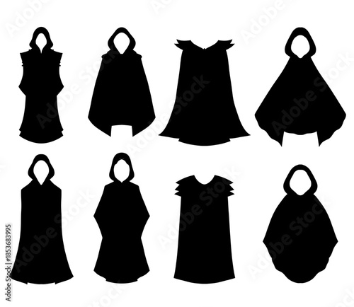 Collection of fantasy cloak vector silhouettes with hoods and capes. Minimal black shapes in flat style.