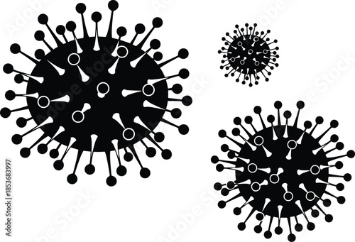 Black virus particle silhouettes set, coronavirus and pathogen microscopic illustration, medical science and infectious disease concept isolated on white