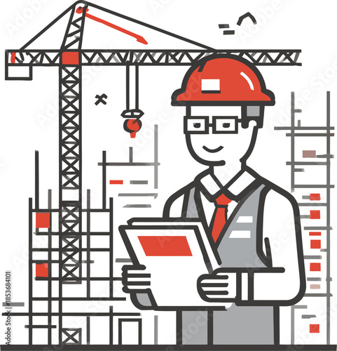 Construction engineer in hard hat reviews plans at a busy building site with crane