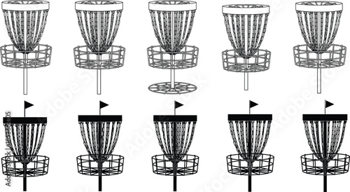 Disc golf basket silhouettes collection showing professional metal targets with chains, flags, and poles for outdoor sports course design