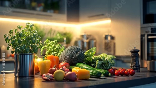 Fresh vegetables on kitchen counter at night
