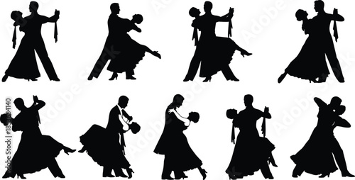 Elegant ballroom dance couple silhouettes in various poses, black and white dancing illustration set isolated on white background