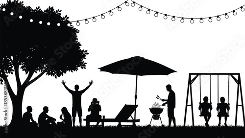 Family backyard barbecue party silhouette with children playing on swing adults relaxing under tree string lights summer outdoor lifestyle