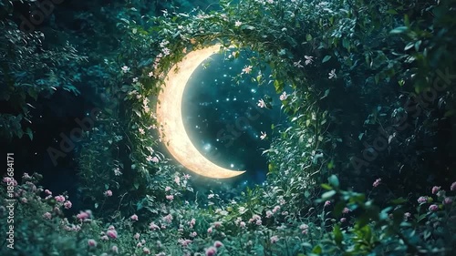 Crescent Moon in Enchanting Garden at Night