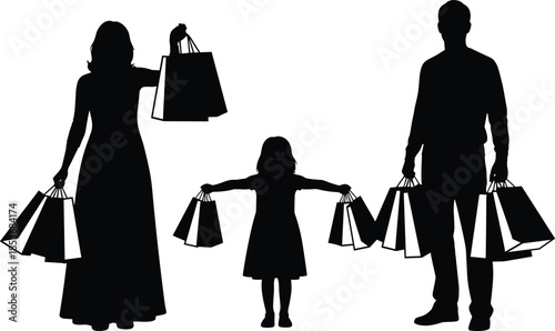 Family shopping silhouette illustration showing parents and child holding bags together, consumer lifestyle concept isolated on clean white background