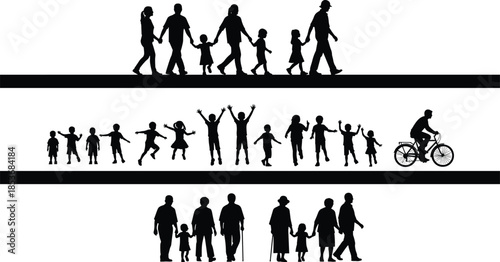 Family Life Cycle Silhouettes Showing Childhood, Parenthood, Aging, and Generations Walking Together, Black and White Illustration of Human Life Stages