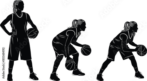 Female basketball player silhouettes dribbling ball showing athletic movement sports training poses isolated on white background illustration set action