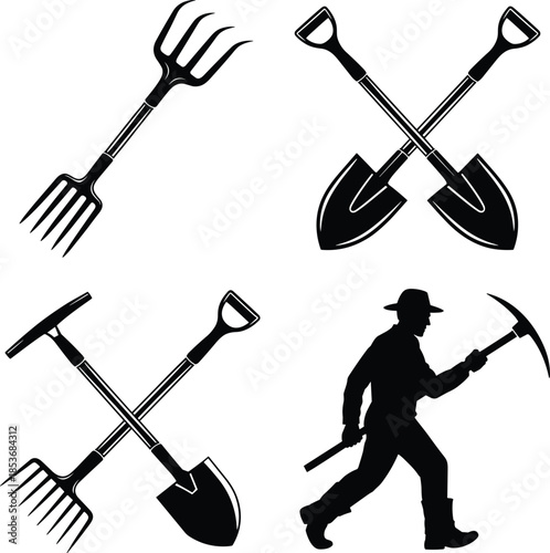 Black silhouette of garden tools including rake, crossed shovels, crossed shovel and rake, and farmer walking with pickaxe vector icons