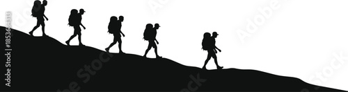Group of hikers walking uphill with backpacks in silhouette adventure travel teamwork journey isolated on white background illustration