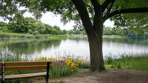 Peaceful park bench by tranquil lake