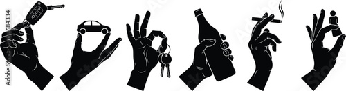 Hand gesture silhouette set showing car keys, vehicle icon, alcohol bottle, cigarette, and daily lifestyle habits concept illustrations