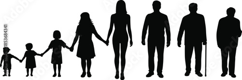 Black silhouette of family holding hands, different generations standing in a row, children to elderly, unity, togetherness, diverse age group, human connection