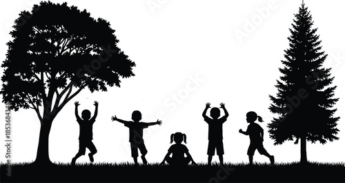 Happy children silhouettes playing together in nature park with trees isolated on white background representing childhood joy freedom and outdoor fun