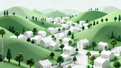 Light Green Low-Poly Village 3D Scene