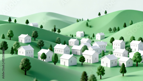 Light Green Low-Poly Village 3D Scene