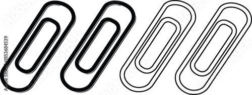 Stylized paperclip vector illustration in black outline, bold and thin line contrast, minimal design elements, office stationery concept