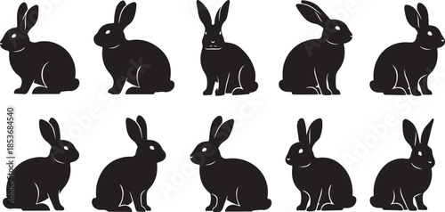 Ten black silhouettes of rabbits in various poses Keywords: silhouette, rabbit, bunny, animal