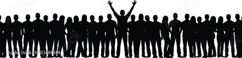 Large crowd silhouette with one raised hands person standing out, leadership concept, individuality and success in group illustration