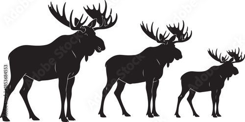 Three black silhouettes of moose in varying sizes deer