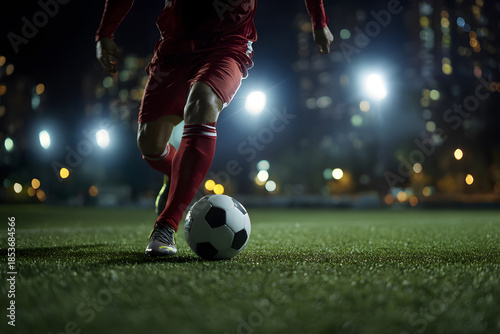 Football player dribbles the ball on a well-lit field at night in a vibrant city