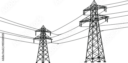 Black silhouette of electric utility pole with multiple power cables, vector illustration, urban infrastructure, energy transmission, white background, high voltage