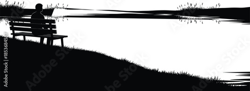 Lonely Person Sitting on Park Bench by Lake, Minimal Black and White Silhouette Landscape Conveying Solitude, Reflection, and Quiet Emotions