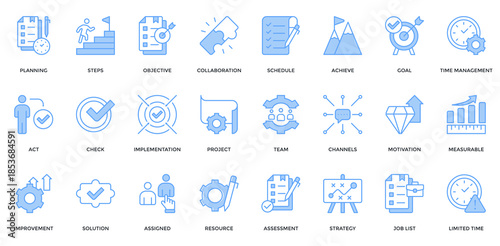 Action Plan icon set. Containing planning, objective, implementation, team, improvement, strategy icon. Lineal blue style