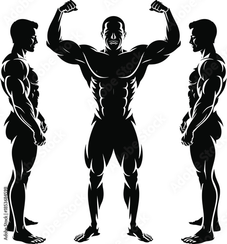 Bodybuilder male silhouette posing with muscular physique, strong abs, flexing arms, front and side view, perfect for fitness and gym design.