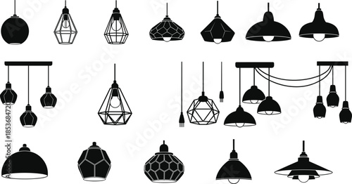 Modern hanging pendant lamp silhouettes collection featuring industrial and decorative ceiling lights isolated on white background for interior design use