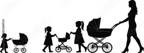 Mother and Children Walking with Baby Strollers, Black Silhouette Illustration Showing Family Growth, Parenthood, Childhood Stages, and Daily Life