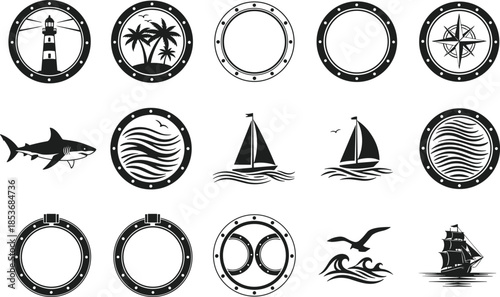 Nautical maritime silhouette icon set with lighthouse sailboats ship portholes compass ocean waves and sea elements isolated