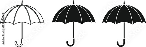 Umbrella icon vector set, black and white weather symbols, minimal style, rain protection graphics, perfect for seasonal design, climate visuals
