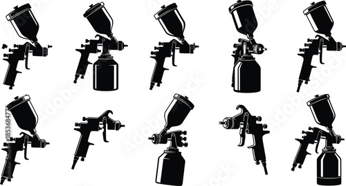 Paint spray gun silhouette set showing professional airbrush tools for automotive and industrial coating isolated on white background