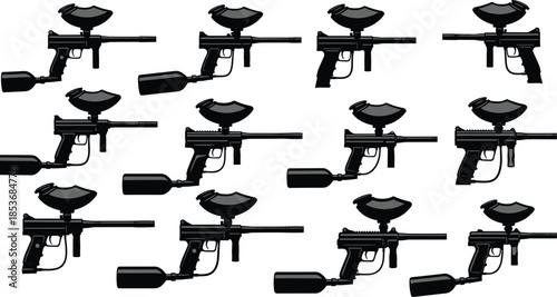Paintball marker silhouettes collection showing different air powered paintball guns, sport equipment icons isolated on white background