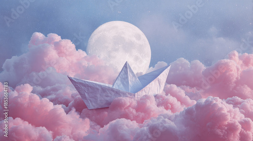 Paper Origami Boat Afloat on a Sea of Pink Clouds Under a Full Moon