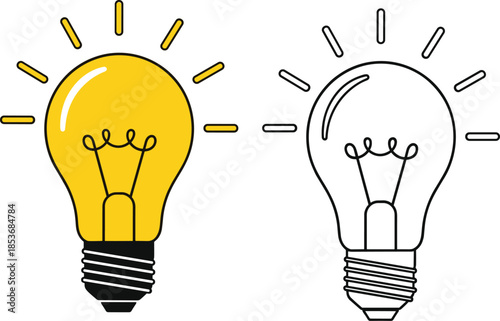 Vector illustration of glowing light bulb and dim bulb, creativity concept, idea generation, innovation symbol, bright thinking, energy inspiration, minimal design,
